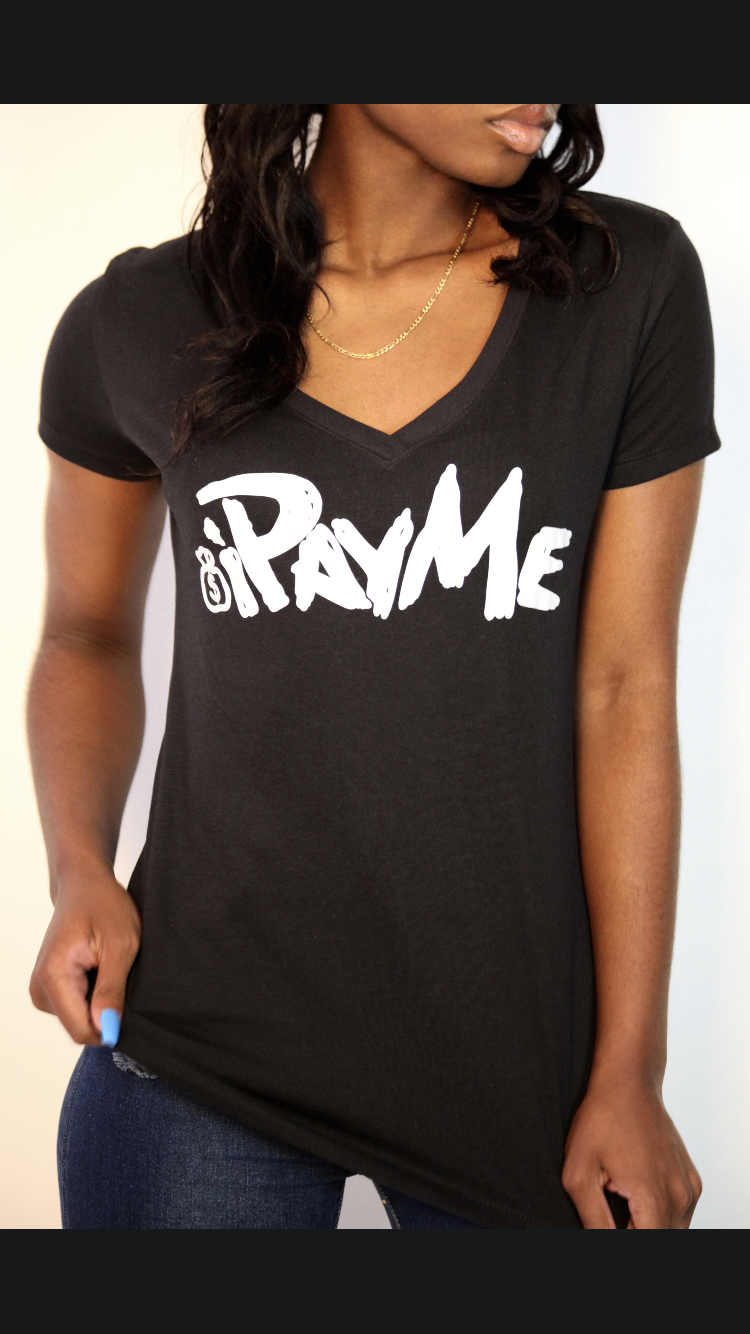 Women's V Neck Black w/ white iPayMe Lettering T-Shirt