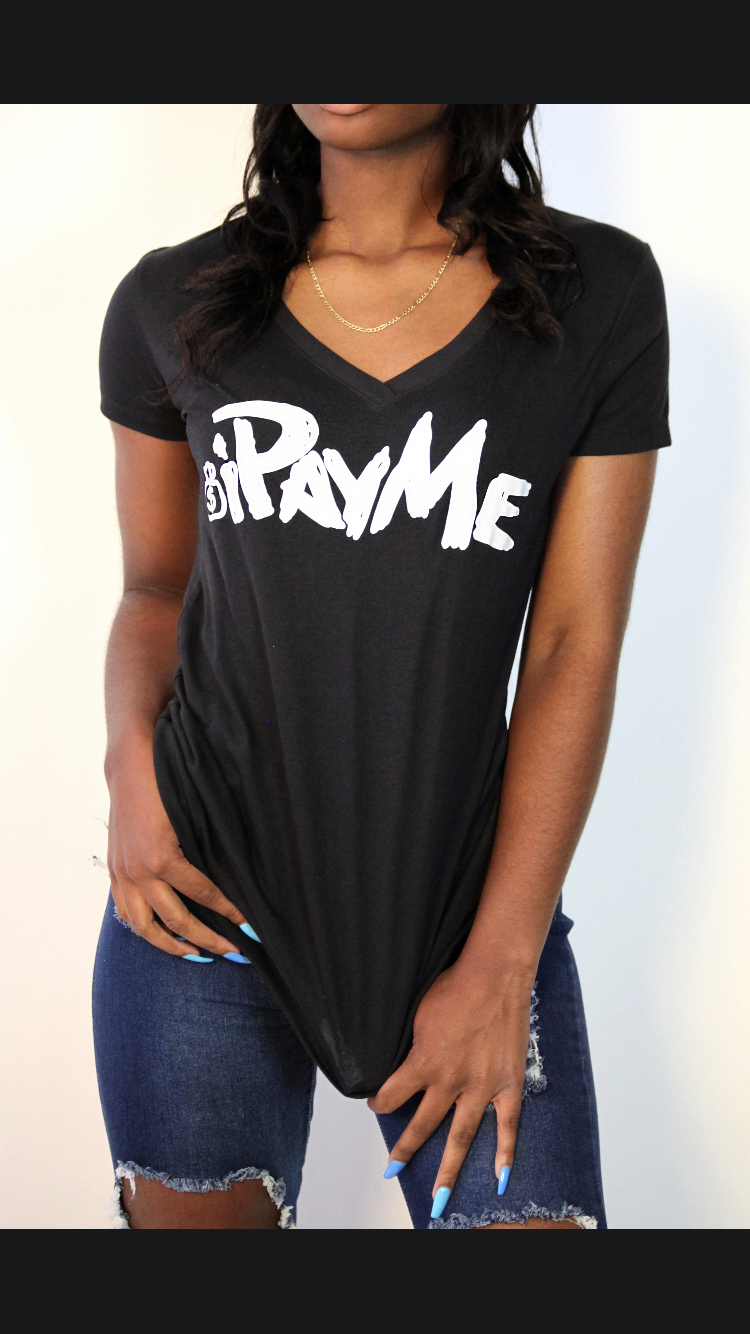 Women's V Neck Black w/ white iPayMe Lettering T-Shirt